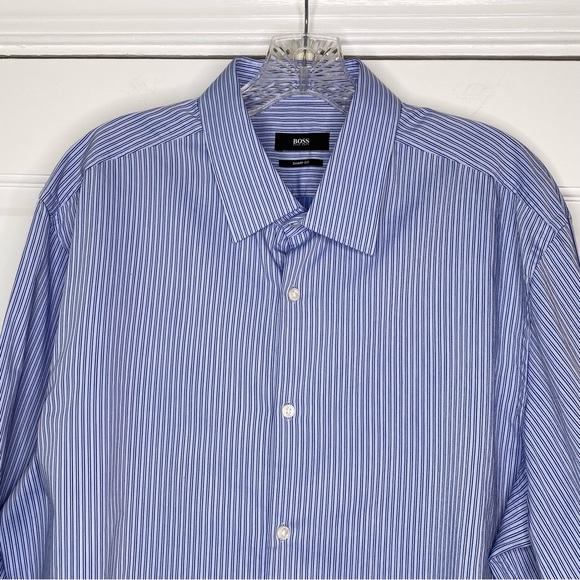 Boss Hugo Boss Mens Sharp Fit Blue Pinstripe Button Front Dress Shirt 17L 34/35 - Picture 3 of 15